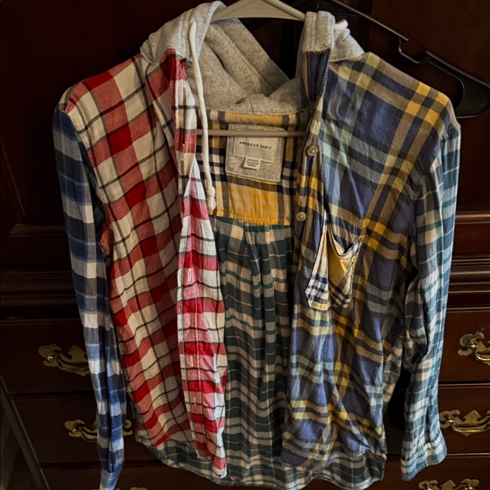 American Eagle Outfitters Plaid Flannel Tops - Red, Blue, Yellow